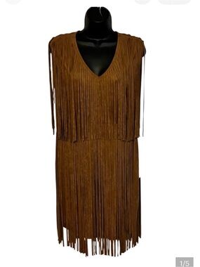 Vocal Brown Fringe Midi Dress with V-Neck